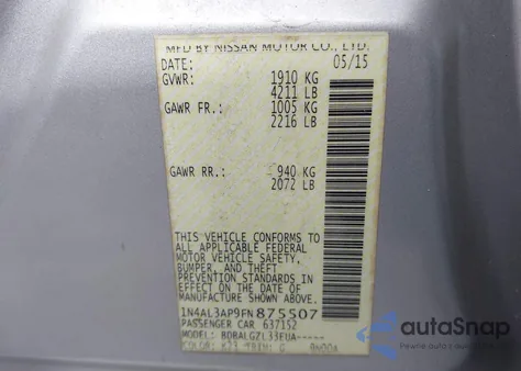 2015 Nissan Altima 2.5/2.5 S/2.5 Sl/2.5 Sv z USA, uszkodzony, nr VIN 1N4AL3AP9FN875507